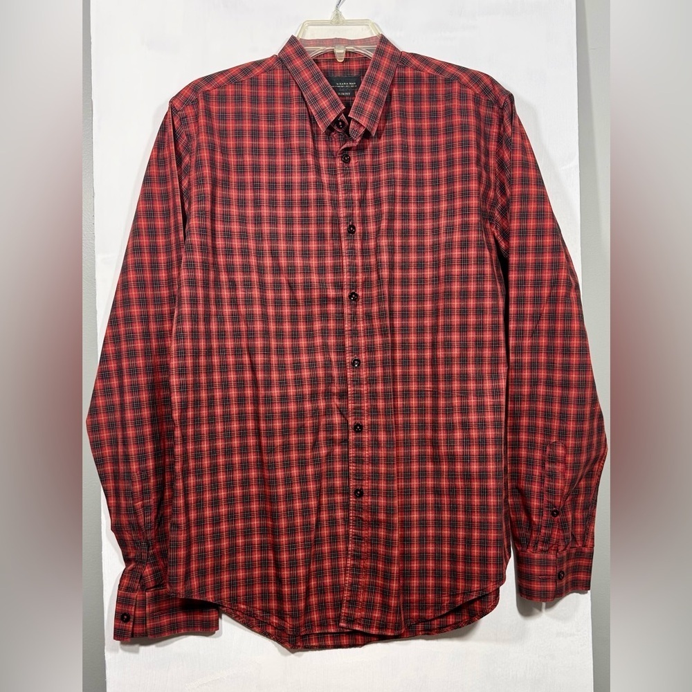 Zara Red and Black Plaid Men's Shirt Size    Large